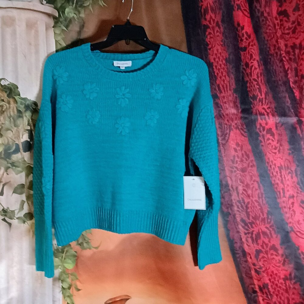 NWT: Calligraphie Sz XL Teal 3D Floral Textured Knit Sweater